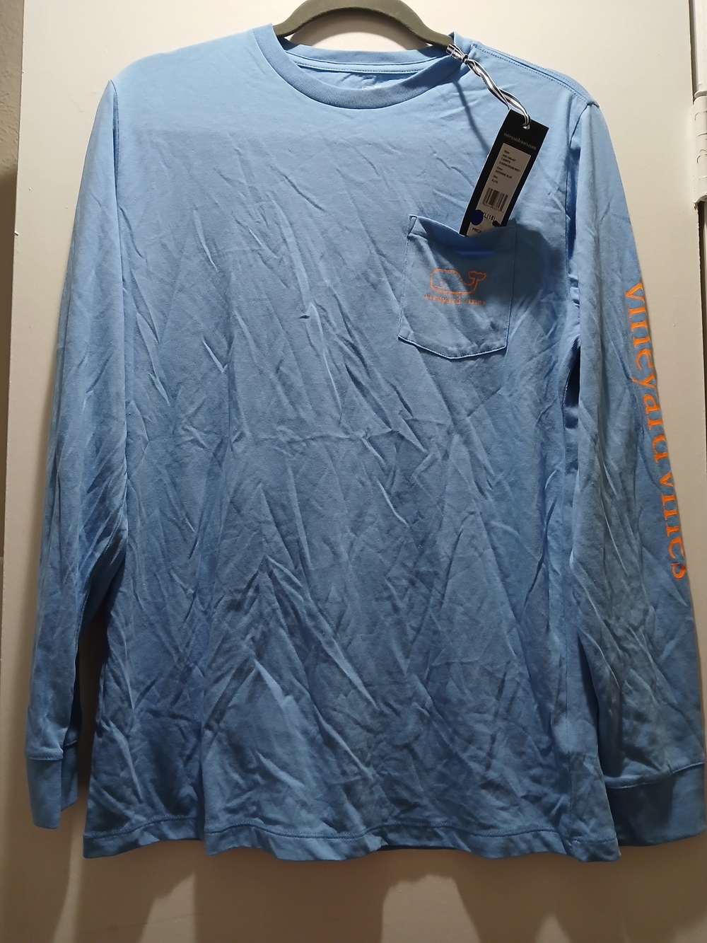 Vineyard Vines Light Blue Long-Sleeve Pocket Tee with Orange Logo
